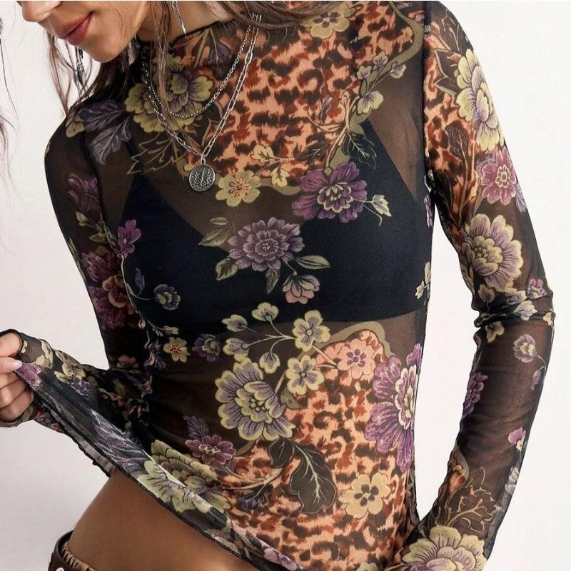 Women S Long Sleeve Floral Print Mesh Slim Fit T Shirt