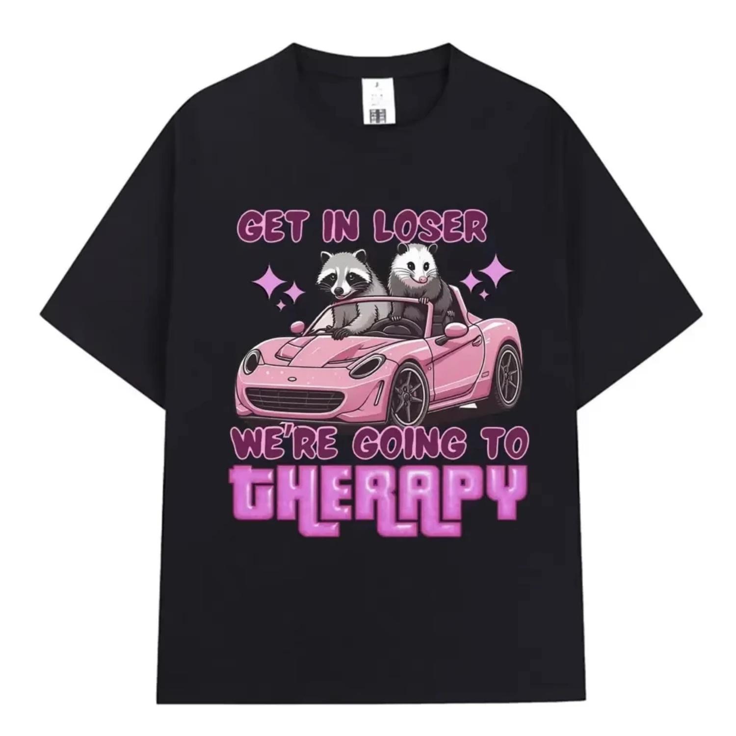 

Get in Loser We Going Therapy Letters Raccoon Printed Women T-Shirts Clothing Summer Tshirt S чёрный