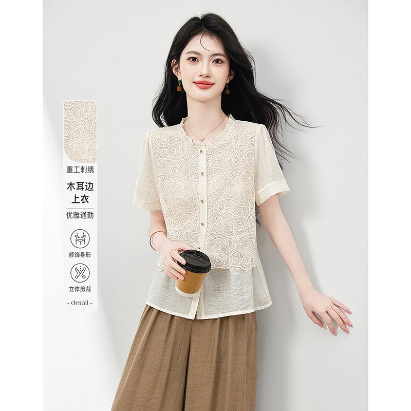Fashionable temperament embroidered ruffle collar short sleeved shirt