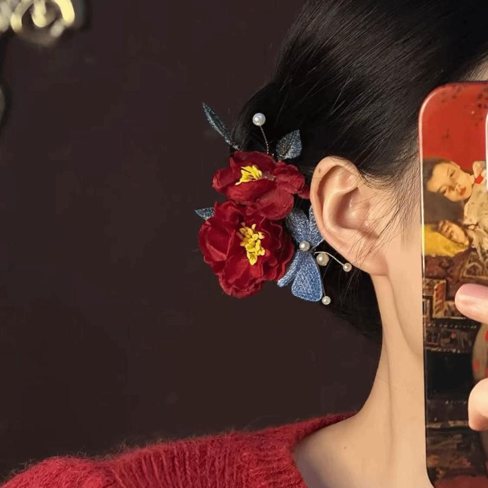 Pearl Wooden Hair Stick Tassel Hanfu Hairpin Classical Red Flower Hair Clip  Hair Chopstick