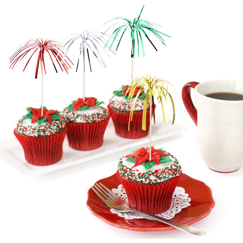 100 PCS Firework Cupcake Toppers Foil Frill Toothpicks Holiday Cake Decorations 9 Inch Food Picks for Graduation Party Supplies