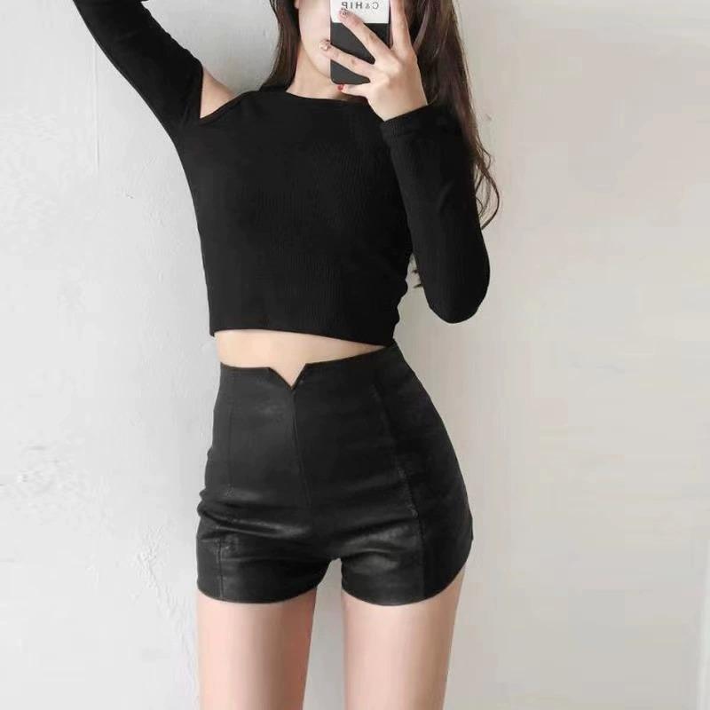 

Women s Plus Size High Waisted PU Leather Shorts Versatile Outer Wear Fall Winter Slimming Base Pants Mini Shorts Versatile Slim Fit Hot Pants XS чёрный