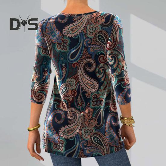 Women Fall Spring Top Vintage Print Round Neck Long Sleeve Button Mid Length A line Soft Pullover Lady Daily Blouse T shirt