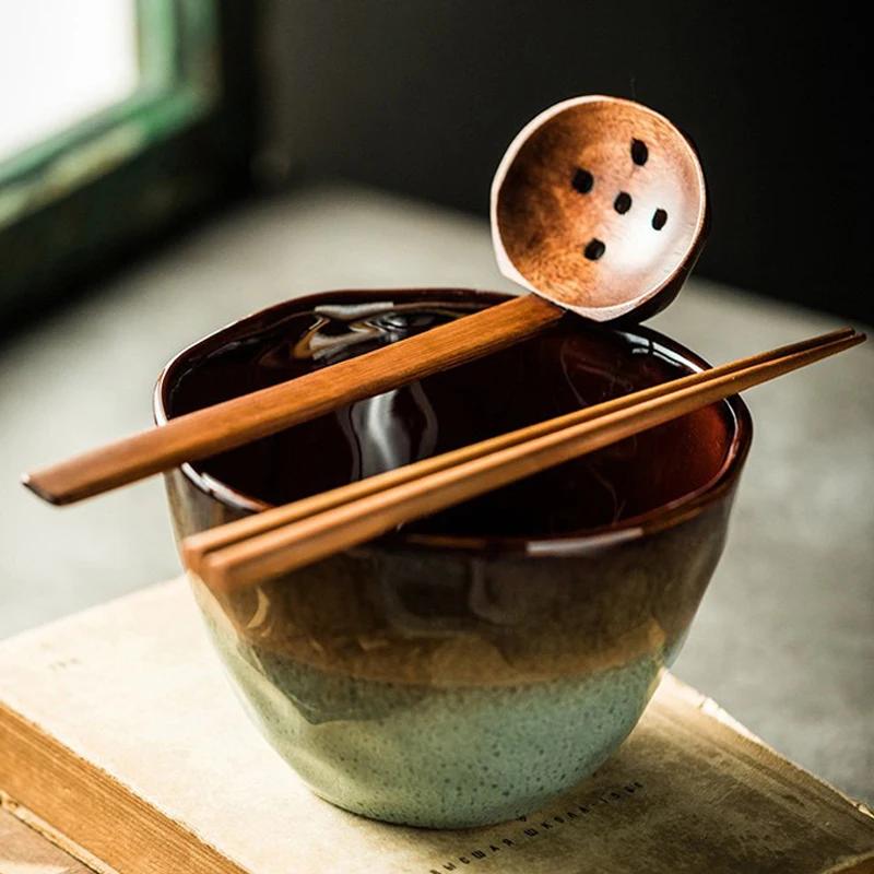 2 Stück Holz Suppenlöffel Schöpfkelle Langer Griff Holz Küchenlöffel Großes Sieb Servierlöffel für Ramen Suppe Schöpfkelle Japanisches Geschirr