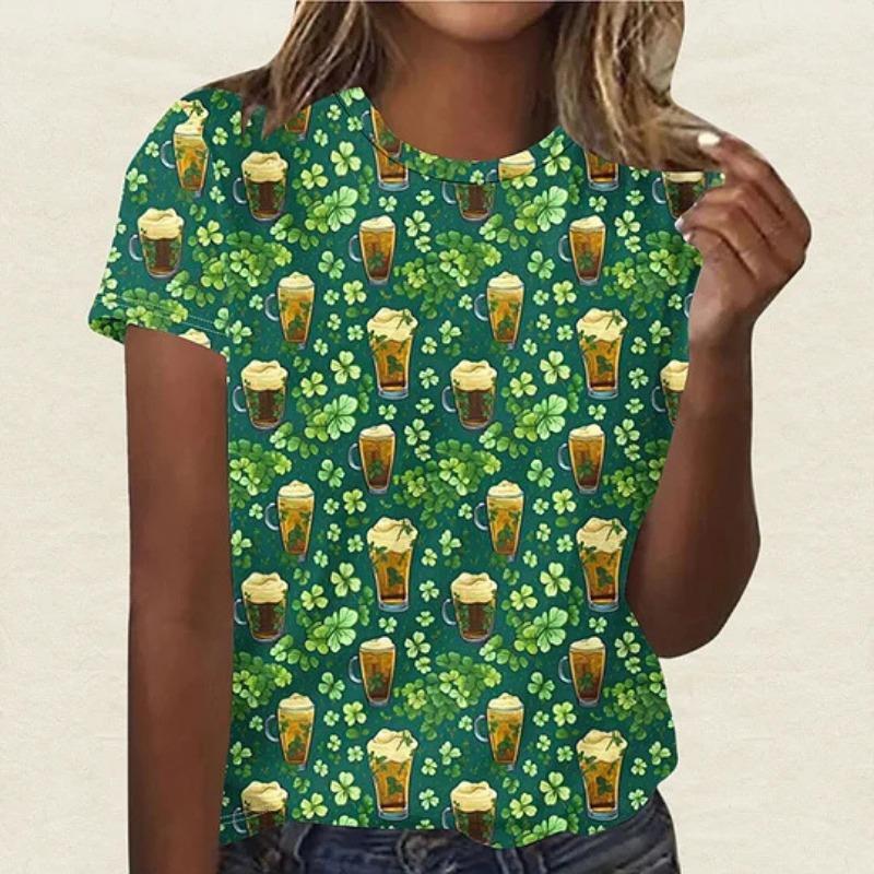 Summer Round Neck 3D St. Patrick's Day Print Top Fashionable Casual Short Sleeved Women's T-shirts