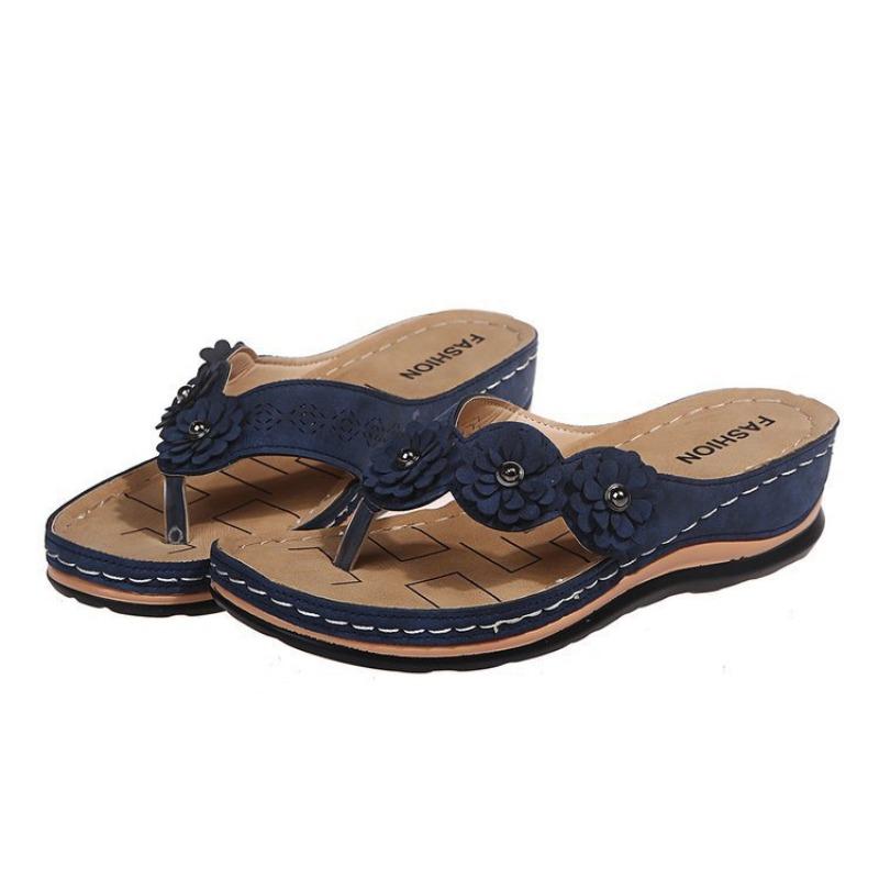 Summer style herringbone wedge solid color casual flower slippers women's large size