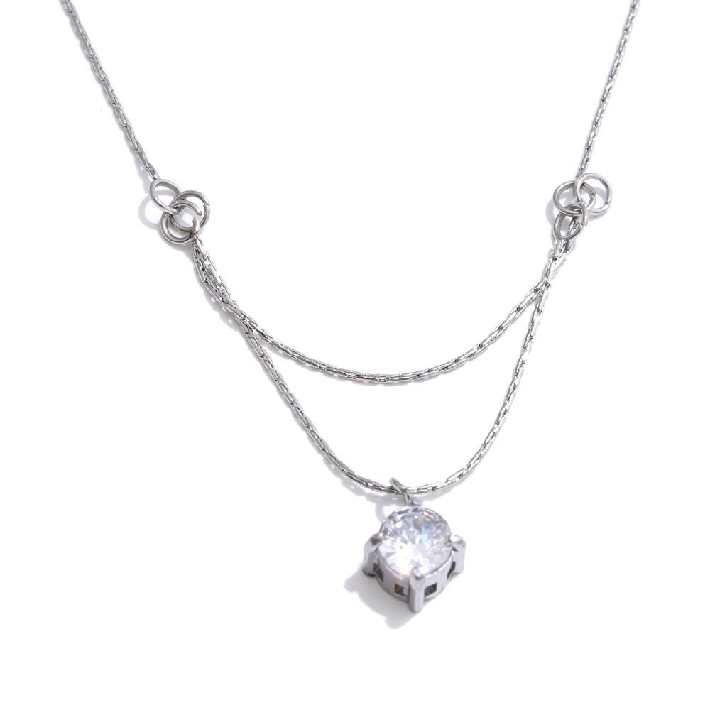Yhpup Chic Stainless Steel Double-Layer Chain Zirconia Exquisite Pendant Necklace Temperament Fashion Daily Jewelry Waterproof