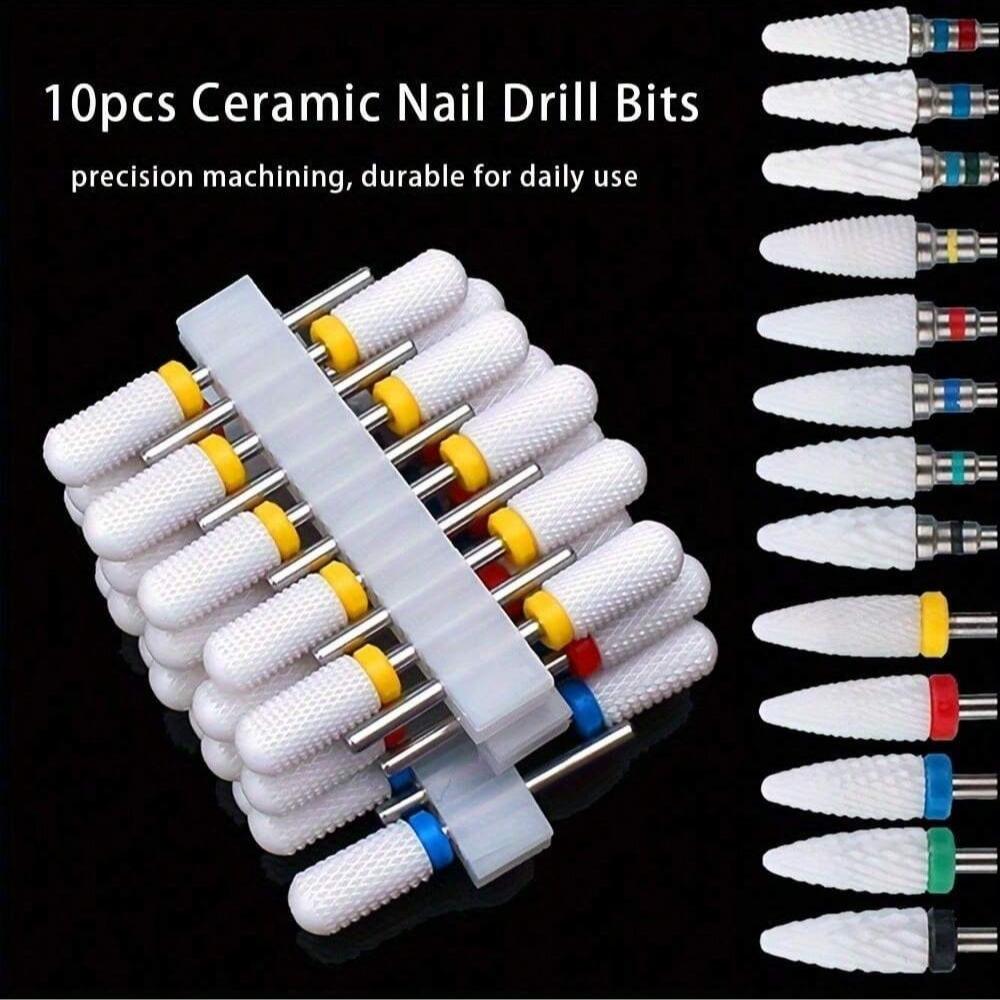 10pc/Set Ceramic Milling Cutter Nail Drill Bits Burr Gel Polish Remove Tools Cuticle Electric Manicure Files Kit Accessories
