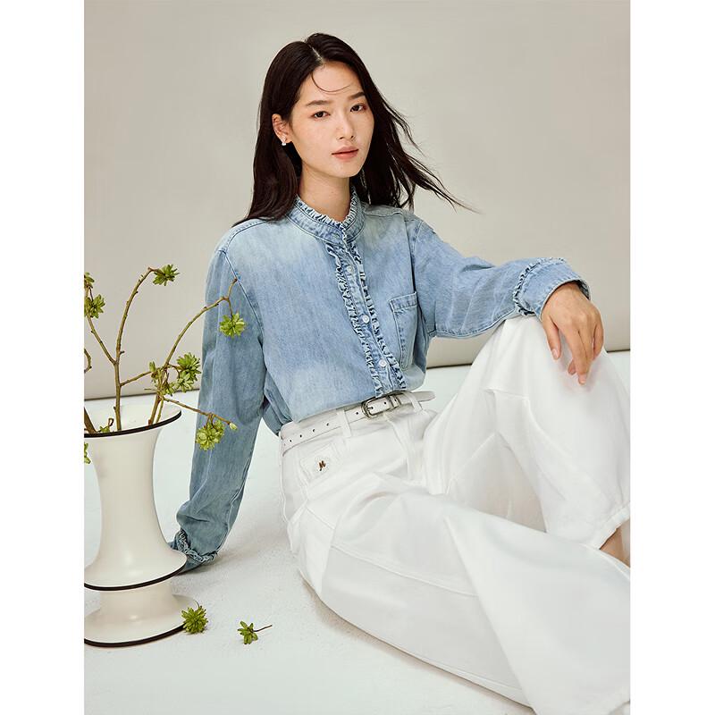INMAN Women's Ruffled Distressed Denim Shirt