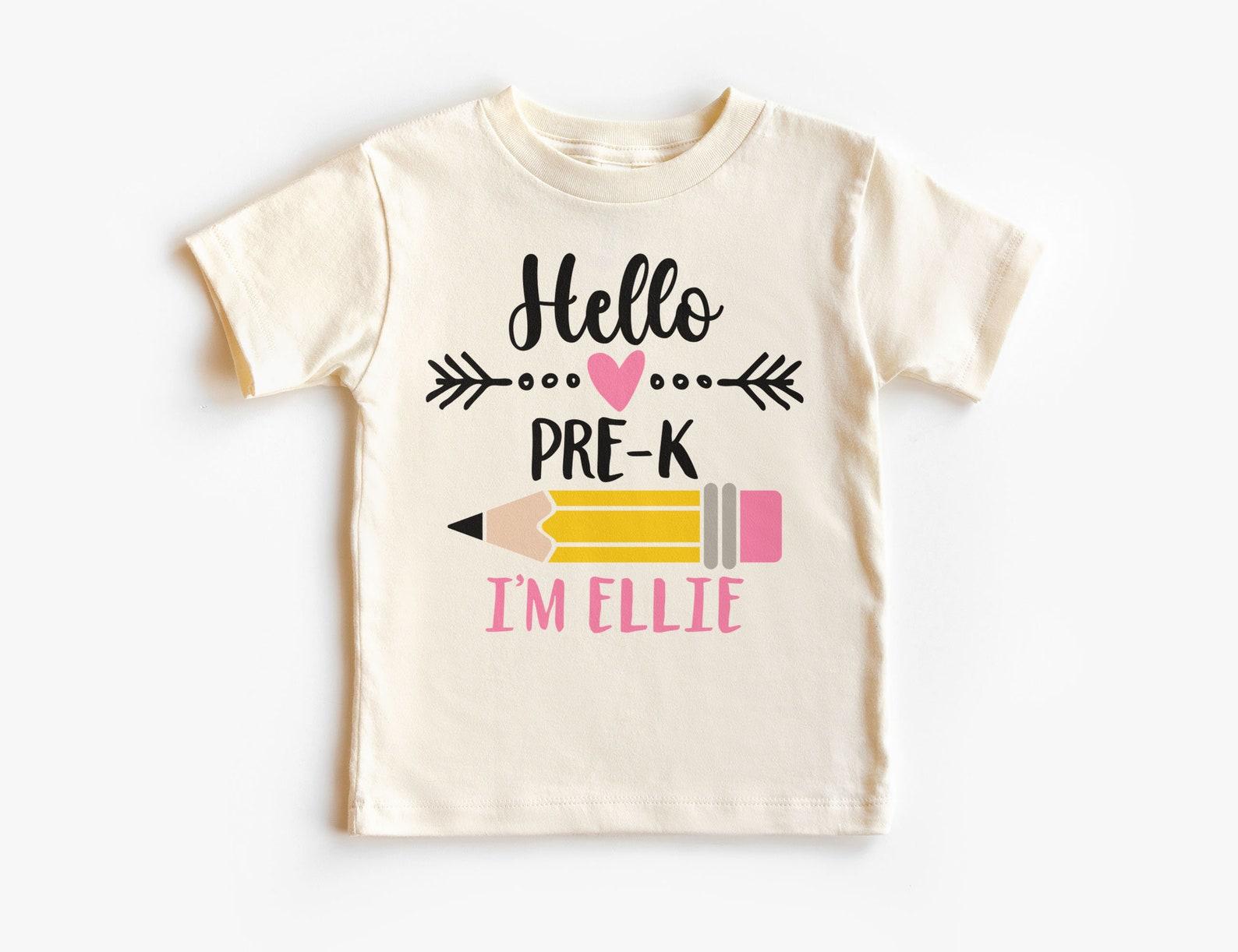 Personalized Hello Pre-K Girls Shirt, Custom Name Pencil Tee, Back To School Pre Kindergarten Outfit, Unisex Youth Kids Clothing 100