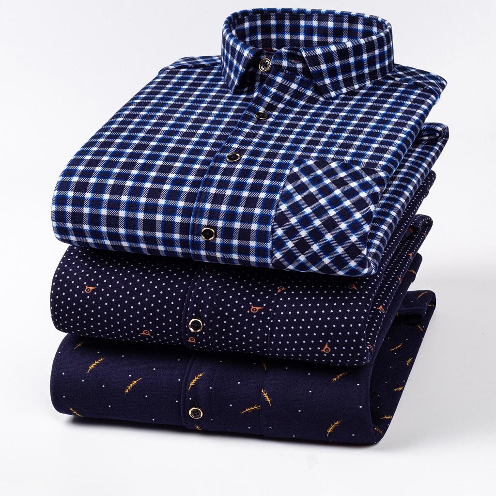 Thickened Long Sleeve Men's Shirt Winter Warm Elastic Fleece Lined One Piece Velvet Plaid Dad Clothes Middle Age Shirt
