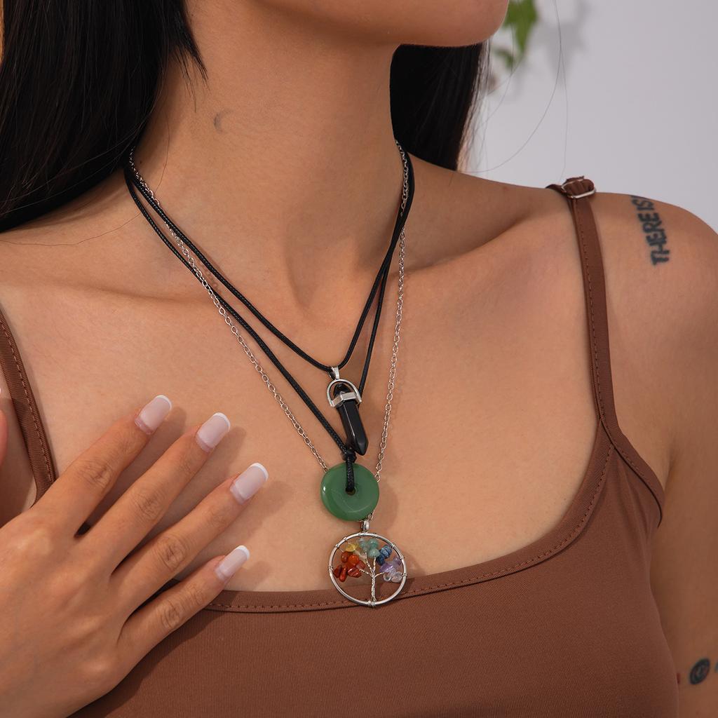 Personalized Safety Buckle Leather Wax Thread Necklace, Retro Stacked Colored Crystal Tree Pendant Necklace