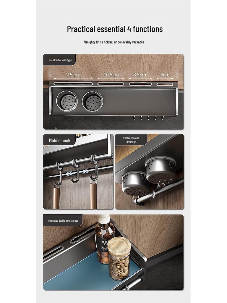 Gun Gray Stainless Steel Wall-Mounted Knife & Spice Rack – Punch-Free Kitchen Storage Solution