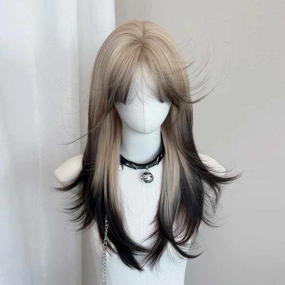 Ombre Blonde Black Synthetic Layered Wig for Lolita Cosplay Daily Party Women Long Straight Wig with Bangs
