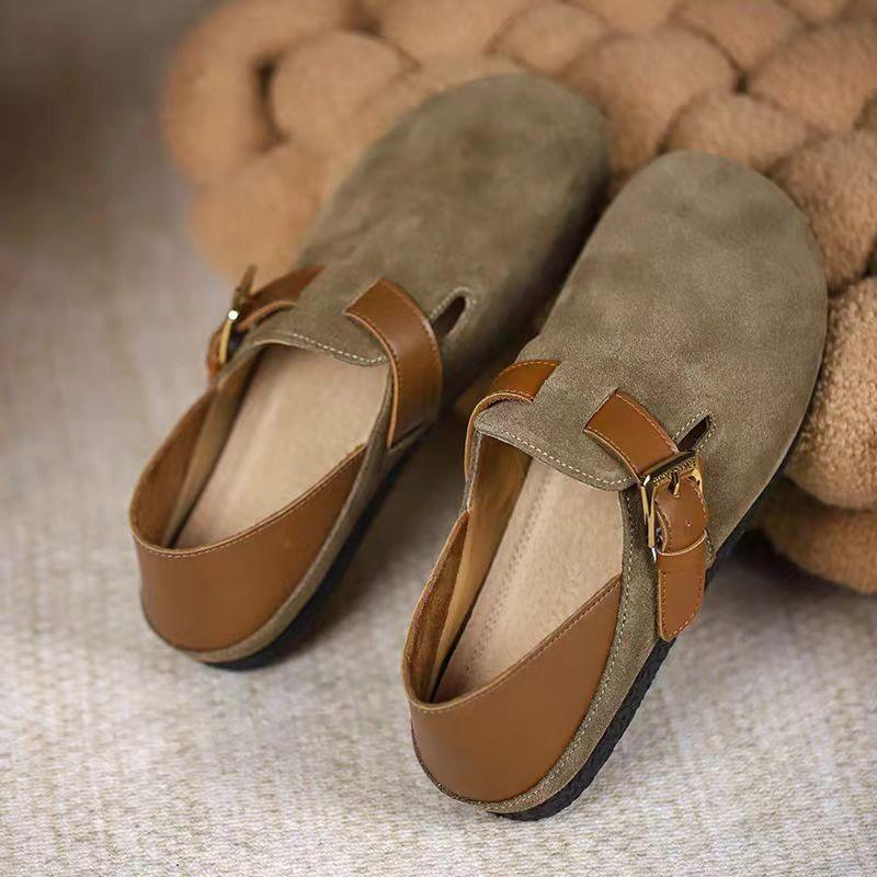 Leather women's spring and autumn new comfortable matte half-bag head slippers wear thick-soled one-pedal women's shoes