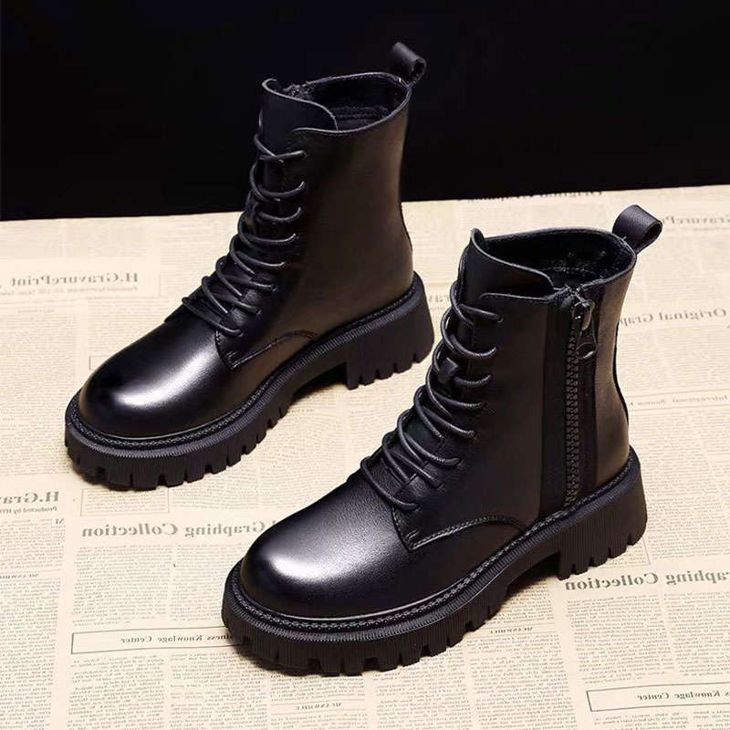 2025 new black Martin boots women's British style velvet cotton boots versatile platform locomotive short boots spring and autumn single boots
