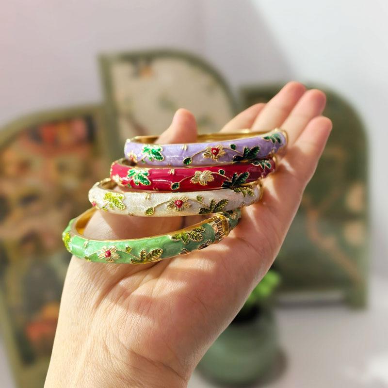 Bransoletki z emalii cloisonné z ręcznie malowanym wzorem kwiatowym, pozłacane brzegi, do noszenia na weselu, na co dzień, modna biżuteria