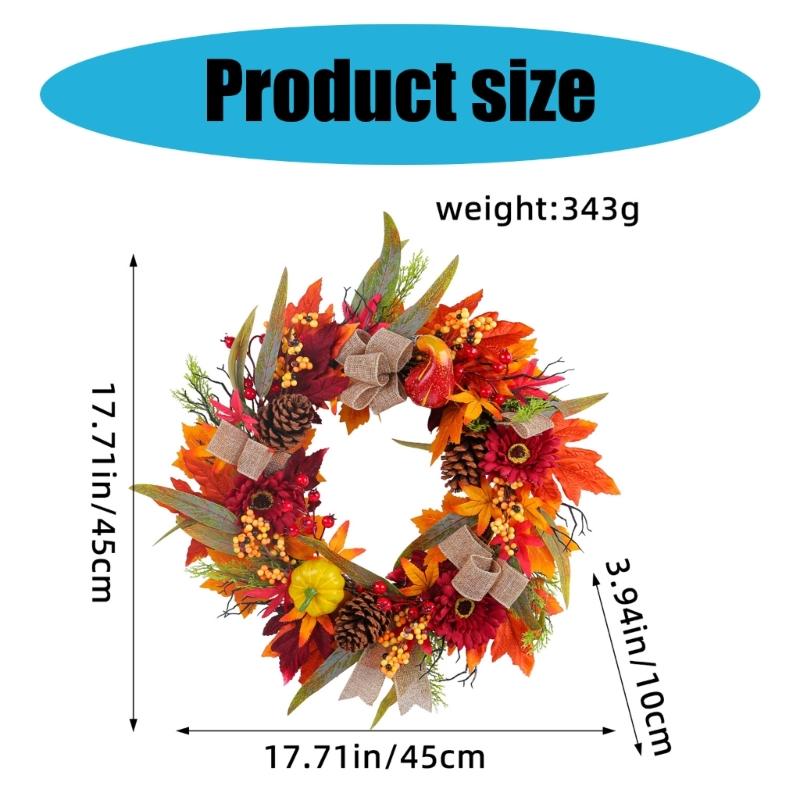 Artificial Autumn Wreath for Front Door Farmhouses Garden, Harvest Wreath with Pumpkins Thanksgiving Party Decorations