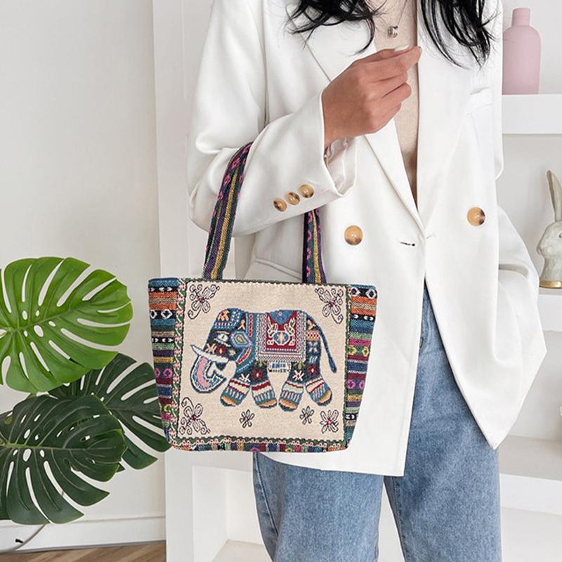 Ethnic Style Handbag Trendy Animal Embroidery Handbag Canvas Women Shoulder Bags Women Grocery Storage Pouch