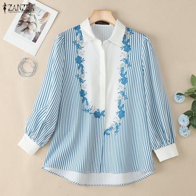 Women Casual Turn Down Collar Loose Long Sleeve Stripe Blouse