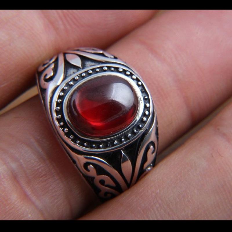 Retro Resin Red Gem Mongolian Flower Pattern Ring For Men Zinc Alloy Color Punk Gothic Adjustable Ring Unisex Zircon Accessories