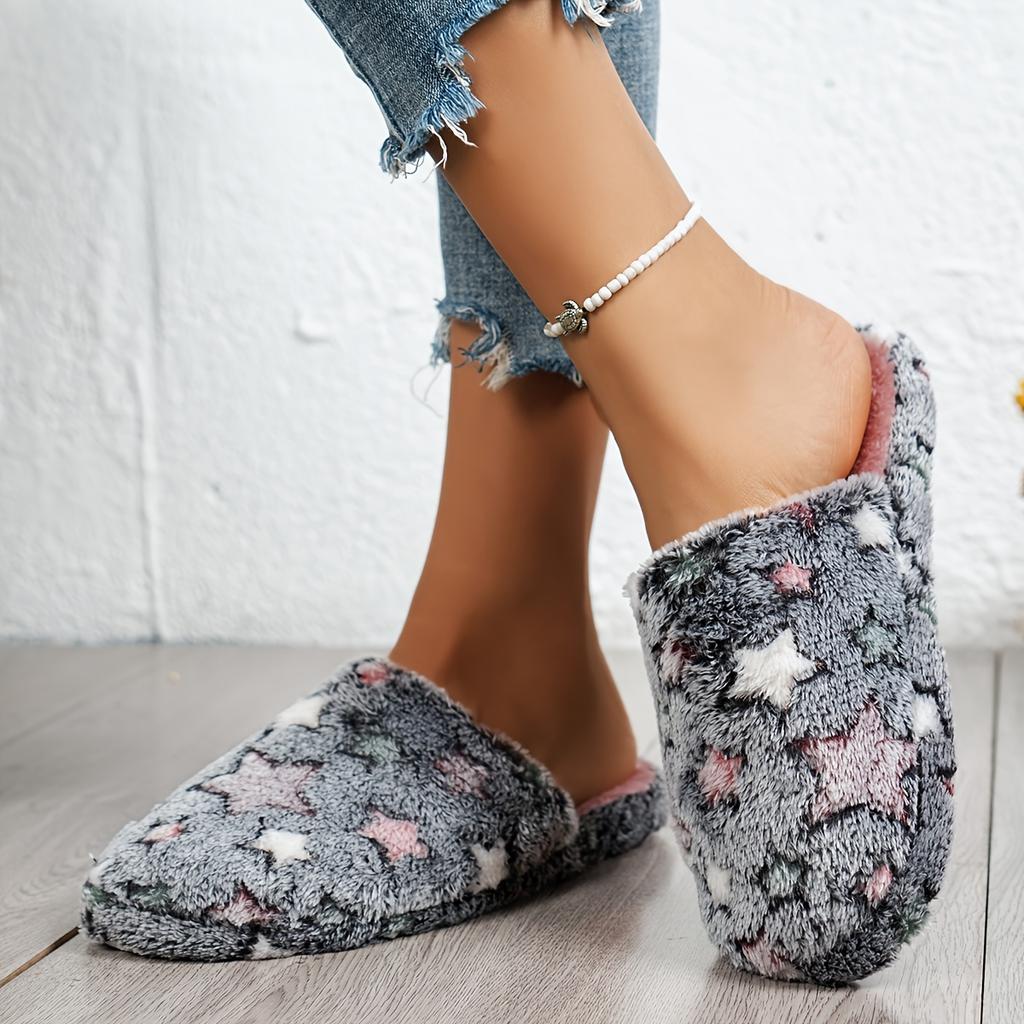Podzimní a zimní barevné hvězdné plyšové zateplené teplé a pohodlné uzavřené chlupaté pantofle pro ženy, domácí pantofle