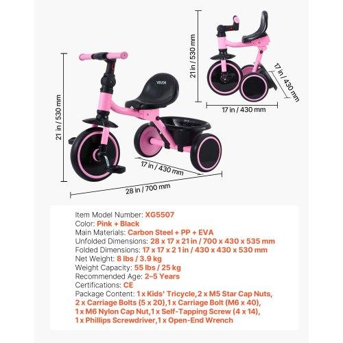 VEVOR Toddler Tricycle for 2-5 Year Old, Folding Kids Trike with Adjustable Seat, Storage, Carbon Steel Frame, Handlebar Grips for Outdoor Play
