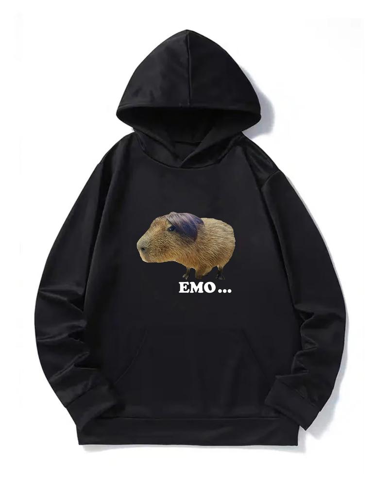 Emo Hairstyle Capybara Graphic Print Hoodie Funny Meme Hip Hop Sport Casual Loose Streetwear Sweatshirt