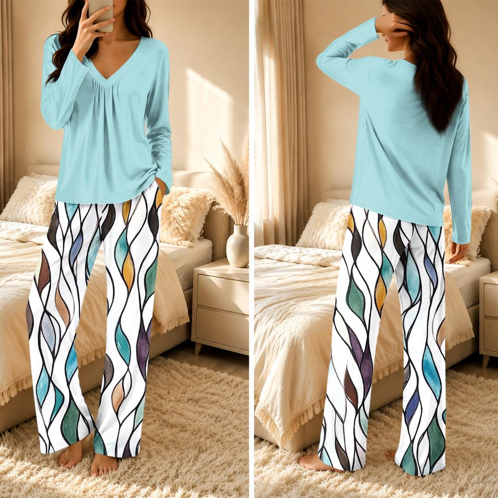 Women's V-Neck Loose Fit Printed Pajama Set with Pants Casual Sleepwear