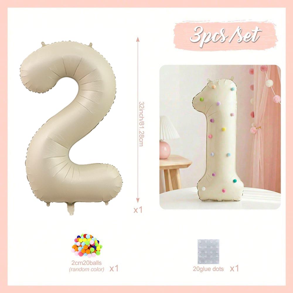 32 Inch Aluminum Foil Balloons, Milky White Numbers 0-9 for Birthday Party Decoration, 20 Plush Balls for Celebrating Birthdays