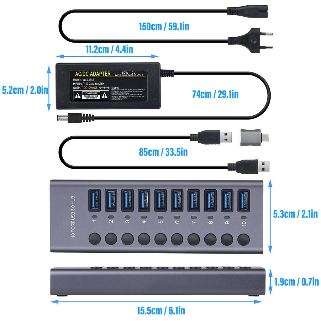 60W USB Hub with Independent Power Switch and Aluminum Housing USB Docking 60W Power Adapter 10-port 3.0 LED, 3.0 Station, 12V/5A (100-240V) (US Plug)