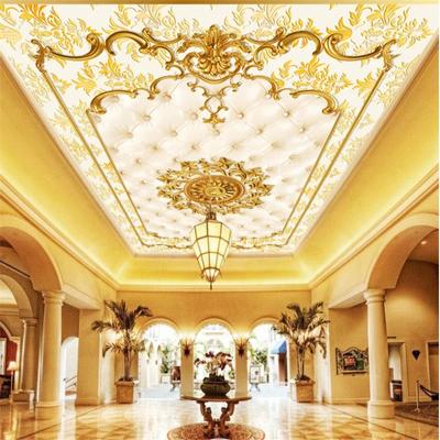 Tavan 3d Duvar Kağıdı Avrupa Tarzı Lüks Altın Desen Yumuşak Bej Taş Tavan Duvar Resimleri Oturma Odası Otel Lobi Duvar Resmi