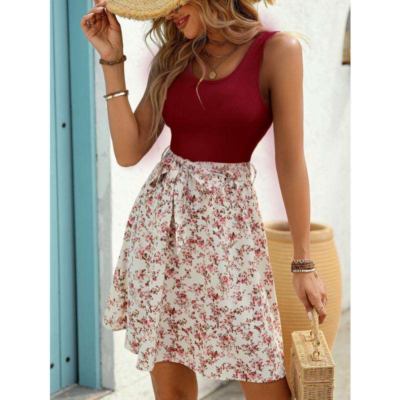 Abito Mini da Donna Primavera Estate Elegante Casual Color Block Senza Maniche Cintura Annodata Vestibilità Aderente Stampa Floreale Linea ad A