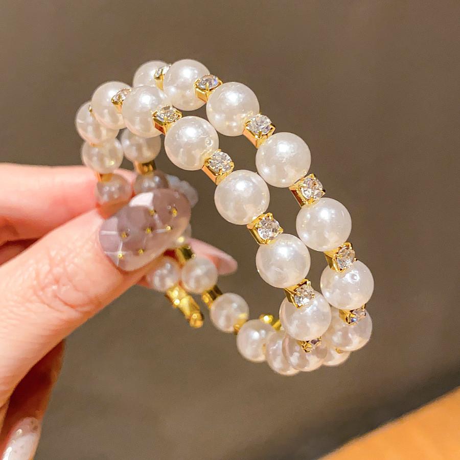 Pearl Beaded Double Layer Bracelet With Rhinestone Embellishments For Elegant Office Wear золотой