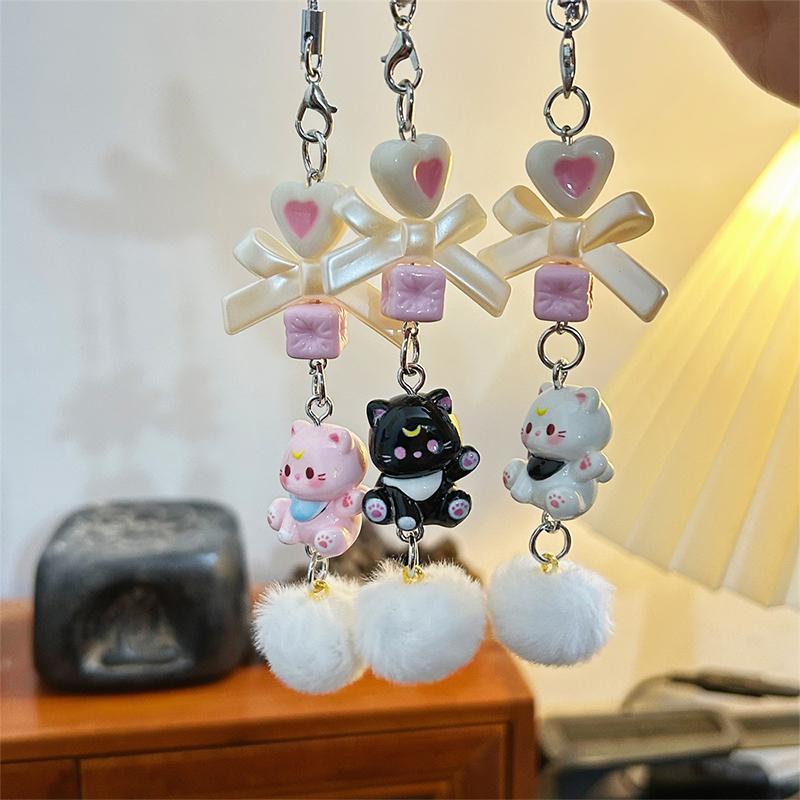 Y2K Cartoon Cat Plush Ball Beaded Mobile Phone Chain Cute Sweet Bow Kitten Phone Lanyard Keychain For Girls Camera Pendant