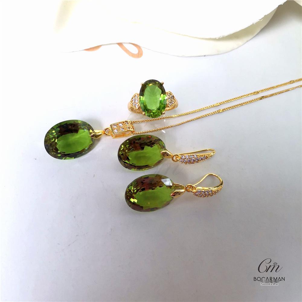 Turkish Gemstone Jewelry Set: Oval Ring, Necklace & Earrings with Color-Changing Sultan Stone