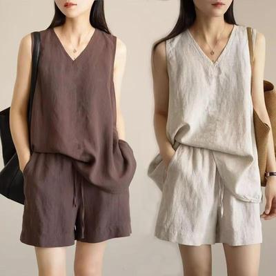 Summer Casual Loose Cotton and Linen Two-piece V-neck Vest Shorts Suit for Women