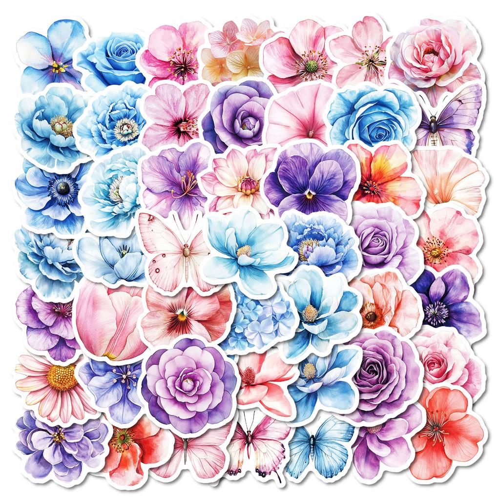 50PCS Aesthetic Watercolor Flower Stickers, Cute Floral Waterproof Graffiti Decorative Journal Stickers