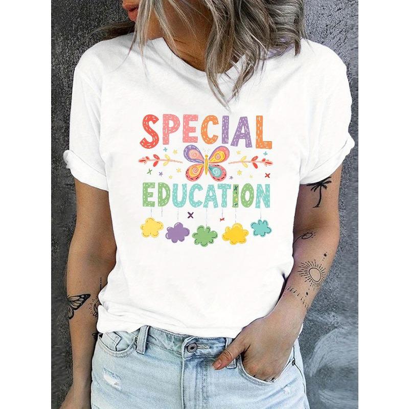 Women s Special Education Print Tee Crew Neck Short Sleeve Spring Summer Casual Top S белый