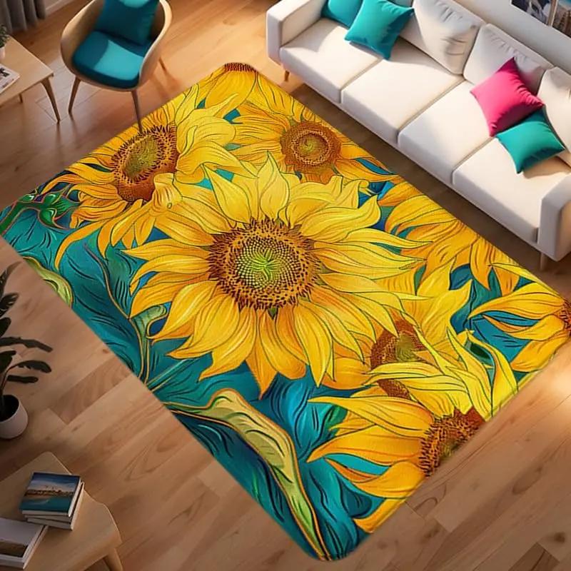 Van Gogh Sunflower Printed Pattern Carpet Living Room Decoration Home Decoration Carpet Colorful Flower Art Printing Rug