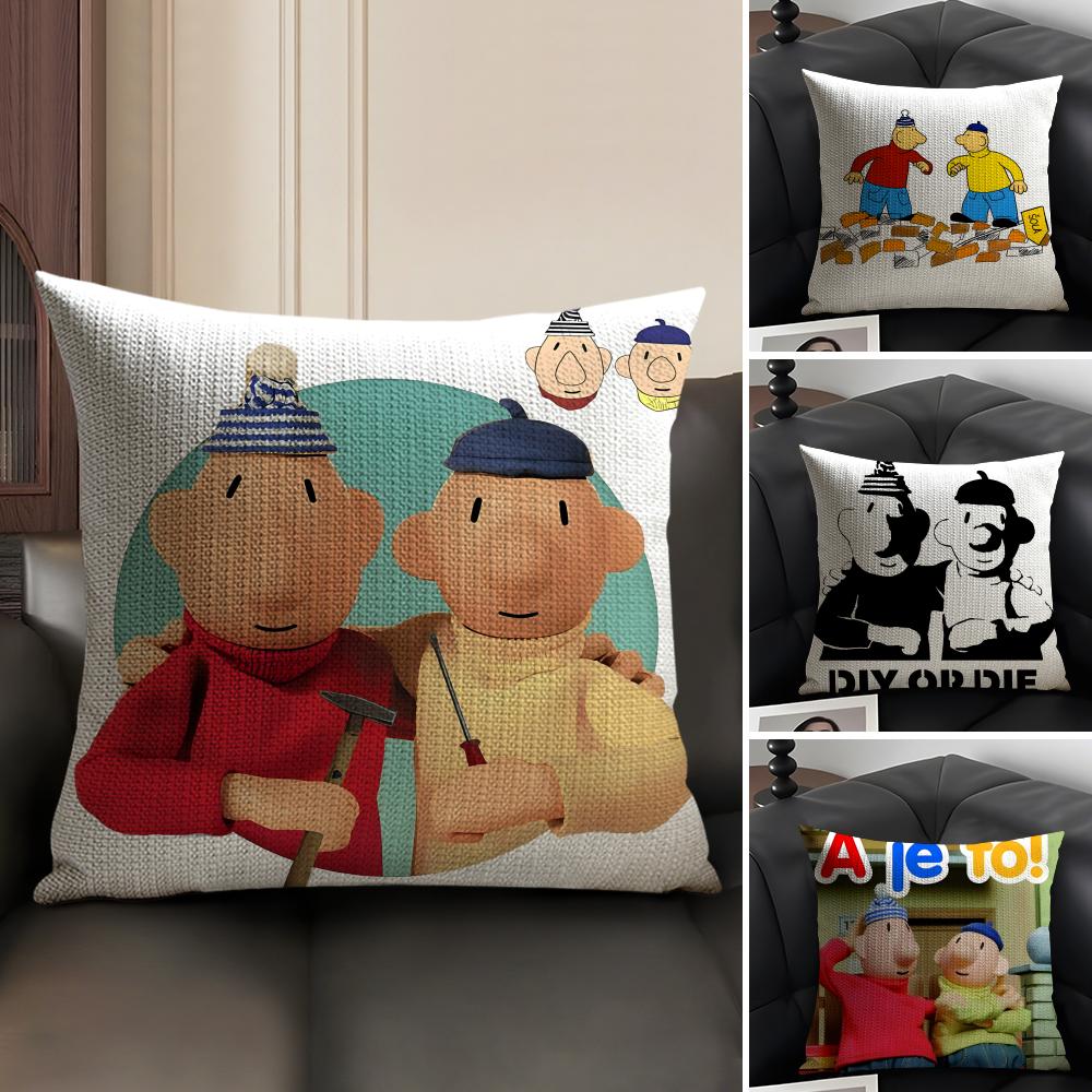 Klassische Reto Cartoon P-Pat & Mat 2 Kissenbezug Natürlicher Leinen Doppelseitiger Druck Sofa Heimdeko Kissenhülle