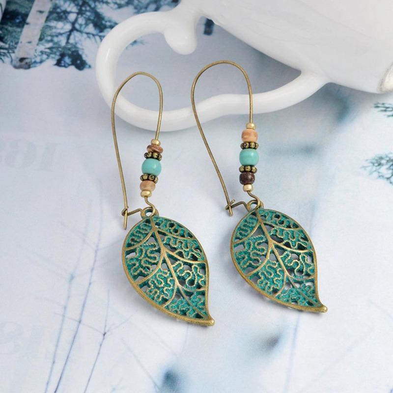 Fashion Women Hollow Leaves Dangle Hook Beads Earring Bohemia Charm Jewelry