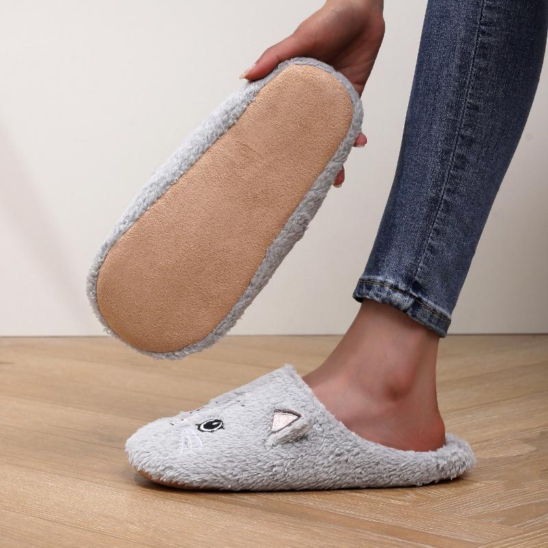 Dámské plyšové nazouvací pantofle s kočičím designem - Měkká plyšová tkanina Roztomilé kreslené koťátko Domácí pantofle