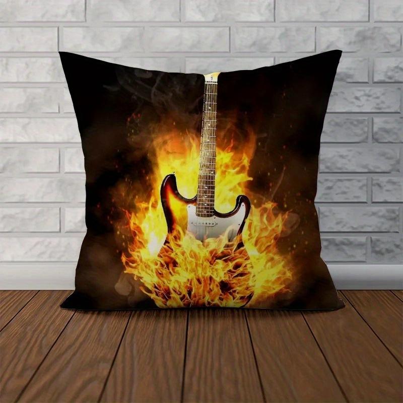 Home Decor Rock Guitar: Flame & Winged Bass Designs Pattern Cushion Cover Suitable for Sofa Bedroom Car Pillow Cover
