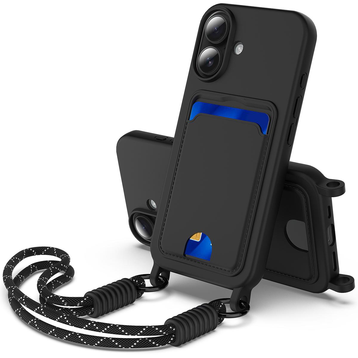 

Чехол для iPhone 16 Plus Жидкий силикон Держатель для карт Задняя крышка телефона с коротким ремешком Black