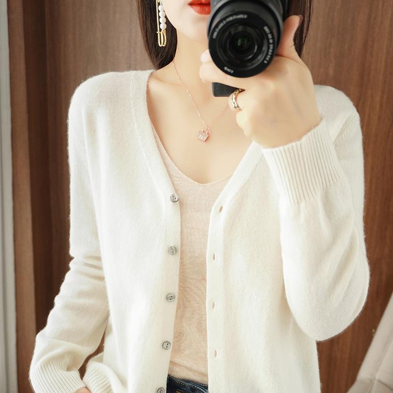 Suéteres de punto de lana de manga larga con cuello en V y estampado de colores sólidos para otoño e invierno para mujer