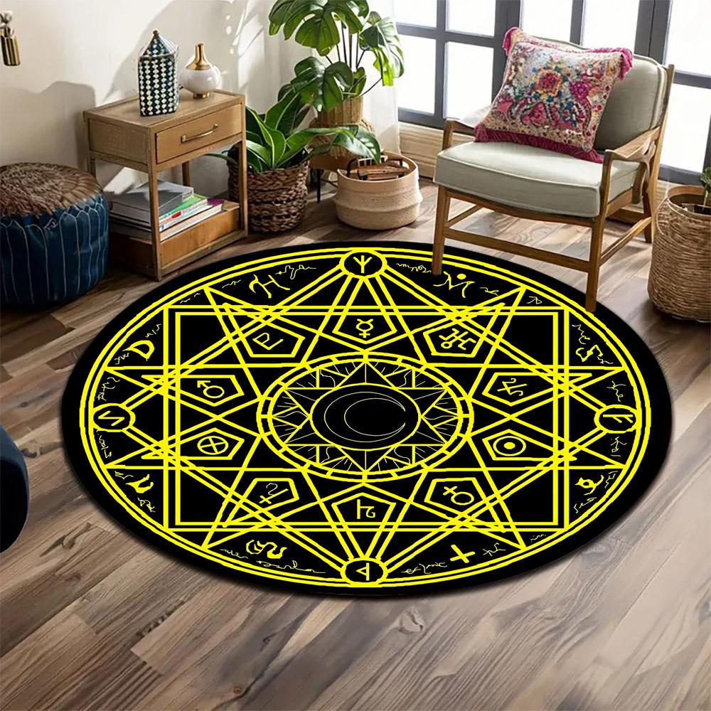 Mystic Yellow Circular Rune Design Print round rug, living room, bedroom, playroom carpet, non slip floor mat, gift