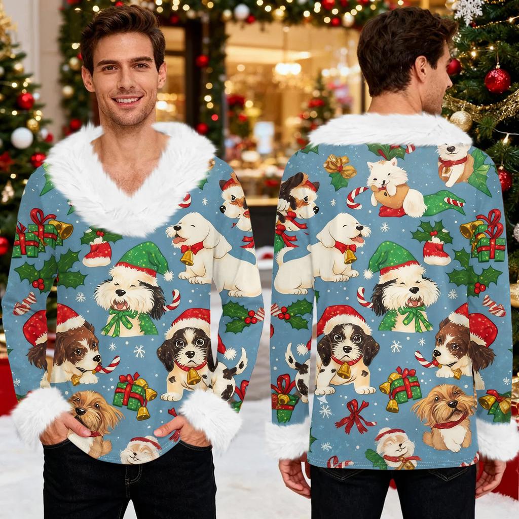 Herren Lässiges Weihnachten Bedrucktes Plüsch V-Ausschnitt und Fleece Langarm-Sweatshirt