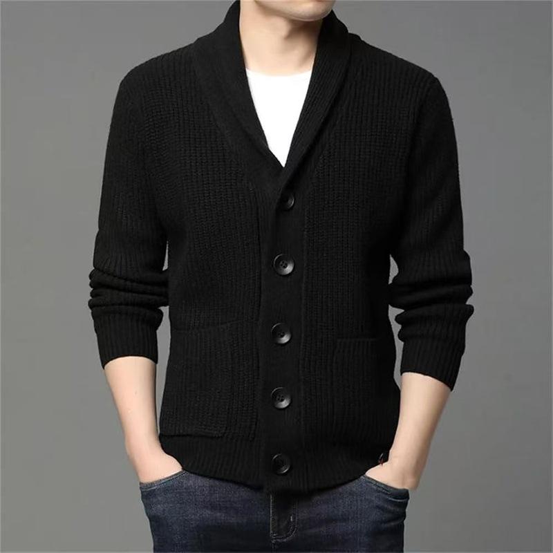 Autumn Winter Men's Thickened Button Cardigan Wool Sweater Green Fruit Collar Sweater Jacket V-neck Solid Color Casual Knitted Sweater
