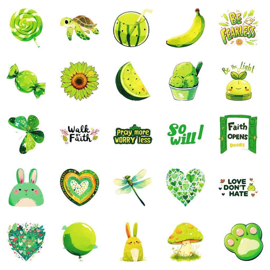 50 Green Graffiti Stickers Flowers Turtle Mushrooms Non-Repeating Decorative Stickers